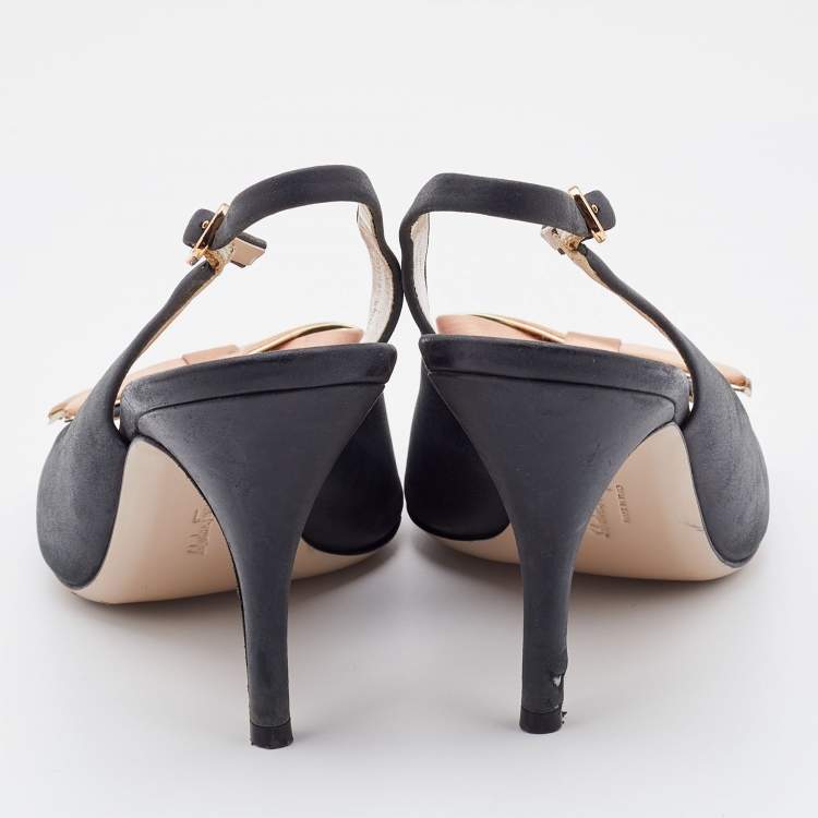 Pre Owned Salvatore Ferragamo Grey Nubuck Leather Bow Peep Toe Slingback Pumps Size 38.5