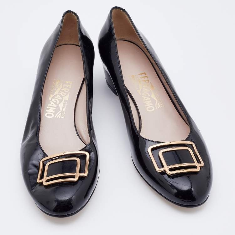 Pre Owned Salvatore Ferragamo Black Patent Leather Black Heel Pumps Size 38