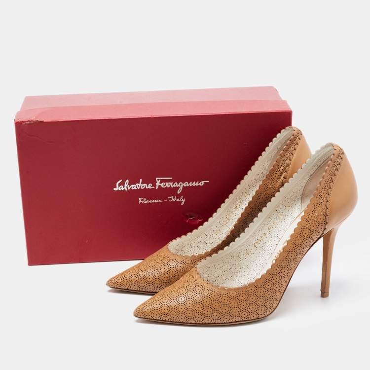 Pre Owned Salvatore Ferragamo Brown Leather Laser Cut Leather Pumps Size 40.5