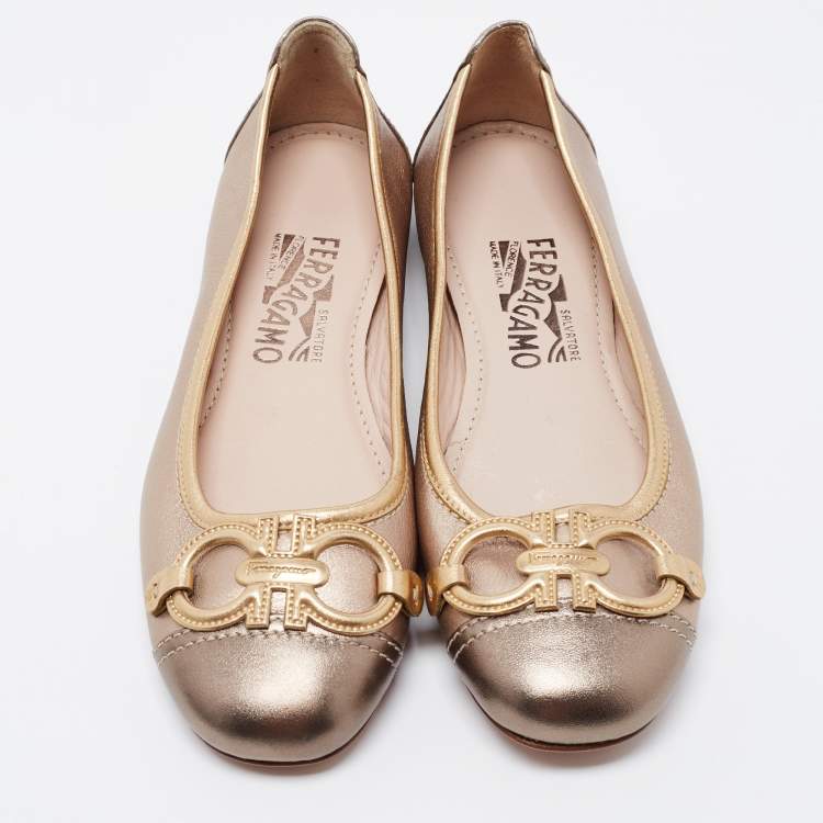 Pre Owned Salvatore Ferragamo Metallic Leather Gancini Ballet Flats Size 37