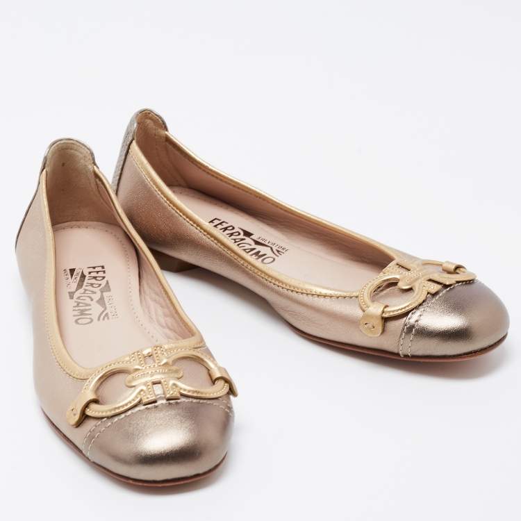 Pre Owned Salvatore Ferragamo Metallic Leather Gancini Ballet Flats Size 37