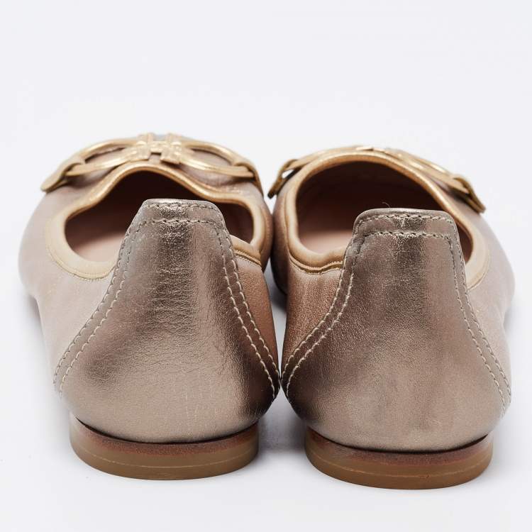 Pre Owned Salvatore Ferragamo Metallic Leather Gancini Ballet Flats Size 37
