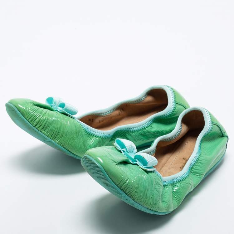 Pre Owned Salvatore Ferragamo Green Leather Bow Scrunch Ballet Flats Size 40.5 