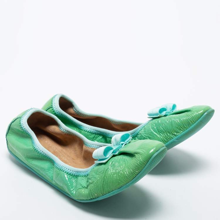 Pre Owned Salvatore Ferragamo Green Leather Bow Scrunch Ballet Flats Size 40.5 