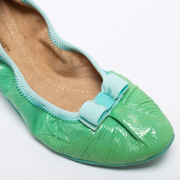 Pre Owned Salvatore Ferragamo Green Leather Bow Scrunch Ballet Flats Size 40.5 