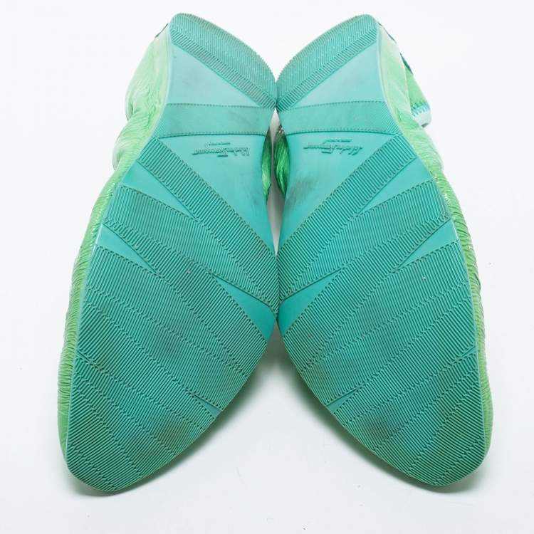 Pre Owned Salvatore Ferragamo Green Leather Bow Scrunch Ballet Flats Size 40.5 