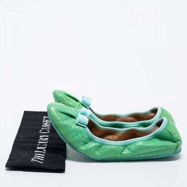 Pre Owned Salvatore Ferragamo Green Leather Bow Scrunch Ballet Flats Size 40.5 