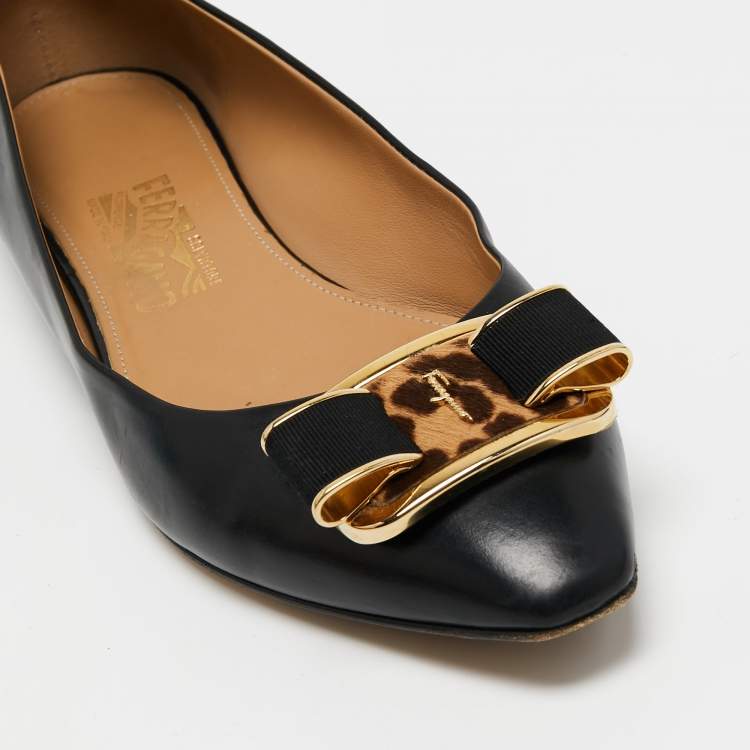 Pre Owned Salvatore Ferragamo Black  Leather Vara Bow Ballet Flats Size 40.5