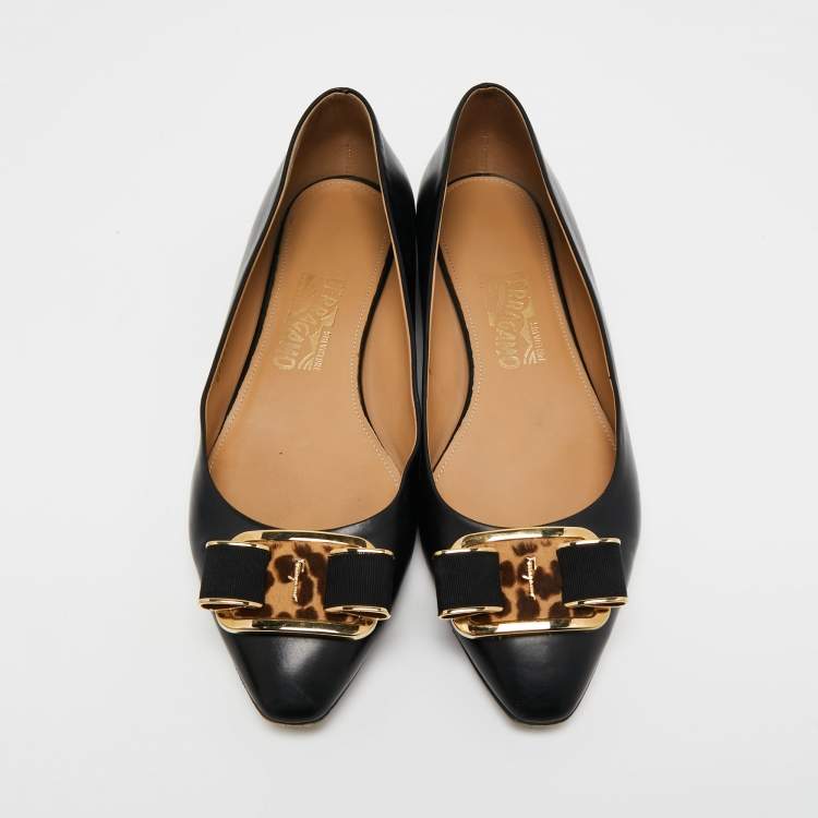 Pre Owned Salvatore Ferragamo Black  Leather Vara Bow Ballet Flats Size 40.5