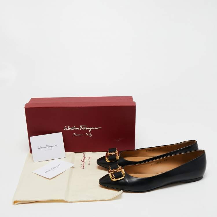 Pre Owned Salvatore Ferragamo Black  Leather Vara Bow Ballet Flats Size 40.5