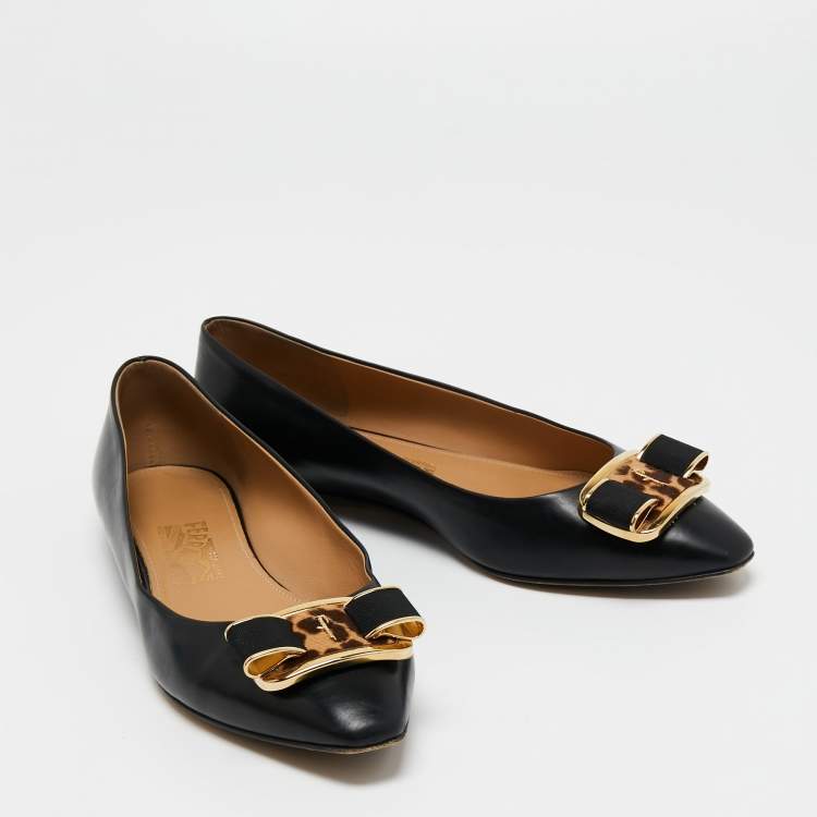 Pre Owned Salvatore Ferragamo Black  Leather Vara Bow Ballet Flats Size 40.5