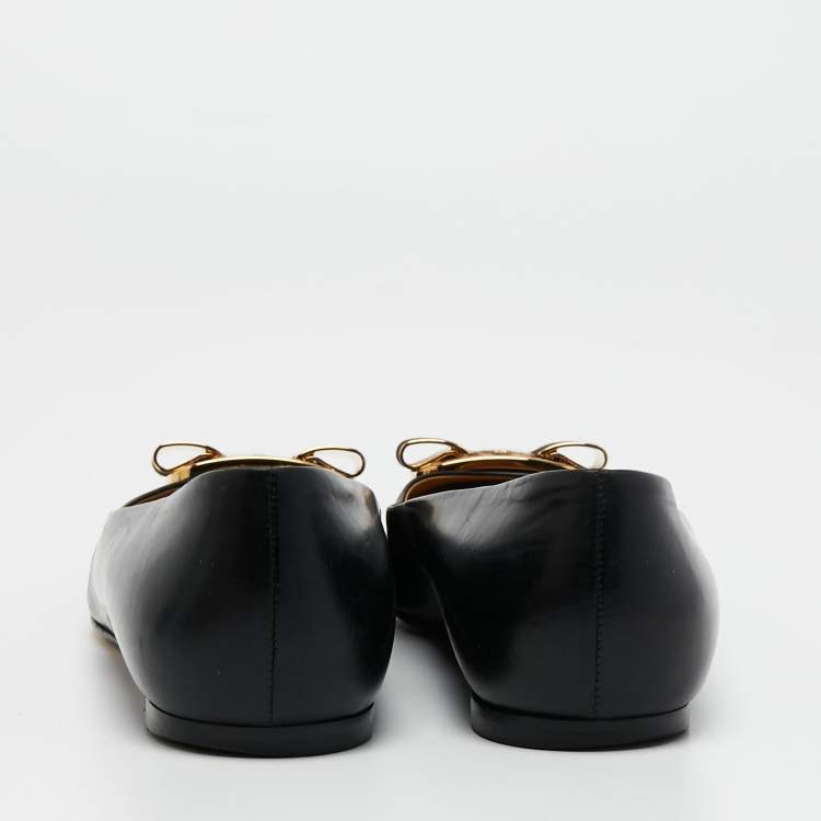 Pre Owned Salvatore Ferragamo Black  Leather Vara Bow Ballet Flats Size 40.5