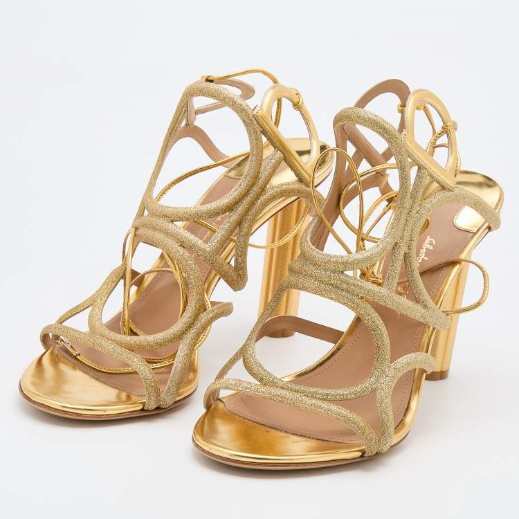 Salvatore Ferragamo Gold Glitter and Leather Strappy Sandals Size