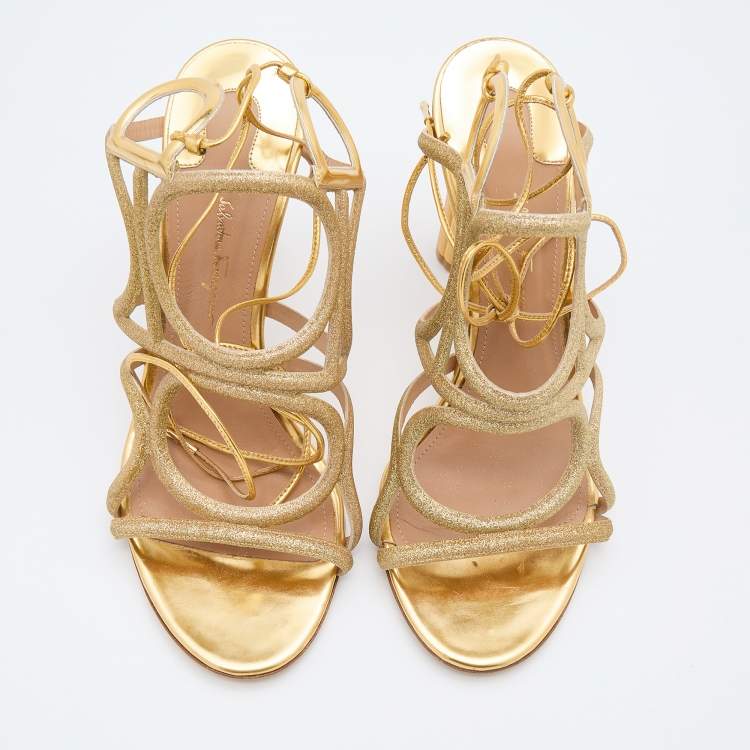 Pre Owned Salvatore Ferragamo Gold Glitter and Leather Strappy Sandals Size 39.5