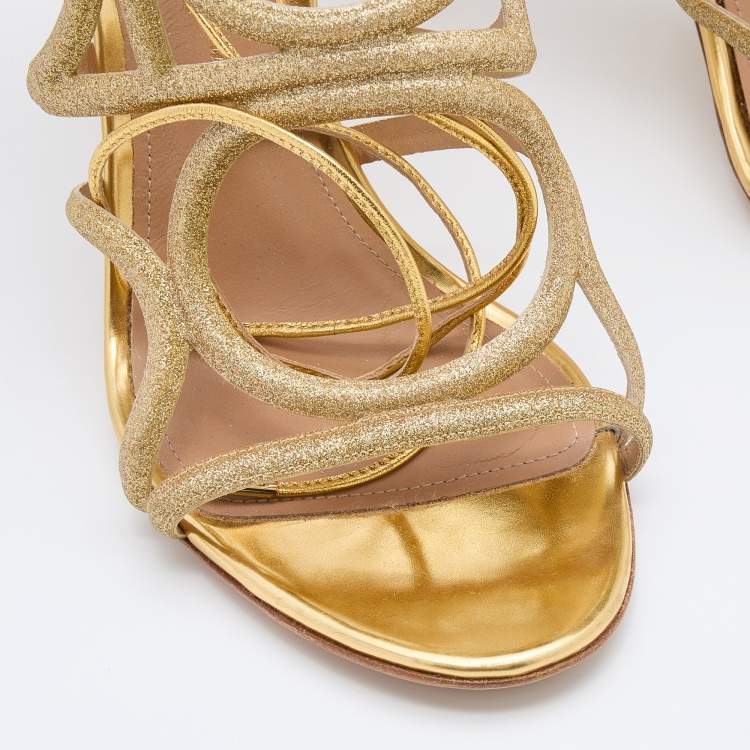 Pre Owned Salvatore Ferragamo Gold Glitter and Leather Strappy Sandals Size 39.5