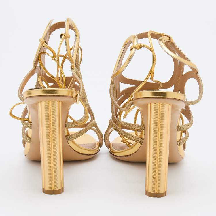 Pre Owned Salvatore Ferragamo Gold Glitter and Leather Strappy Sandals Size 39.5