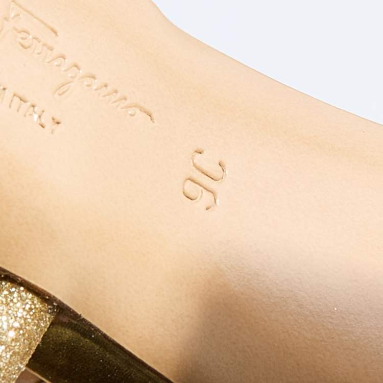 Pre Owned Salvatore Ferragamo Gold Glitter and Leather Strappy Sandals Size 39.5