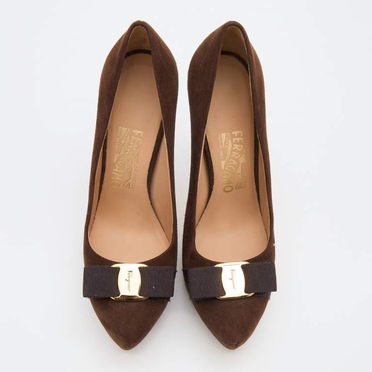 Pre Owned Salvatore Ferragamo Dark Brown Suede Carla Vara Bow Platform Pumps Size 38.5