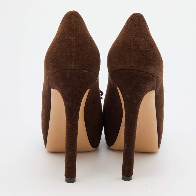 Pre Owned Salvatore Ferragamo Dark Brown Suede Carla Vara Bow Platform Pumps Size 38.5