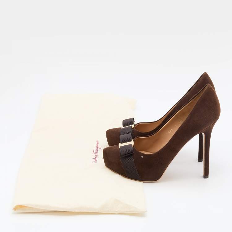 Pre Owned Salvatore Ferragamo Dark Brown Suede Carla Vara Bow Platform Pumps Size 38.5