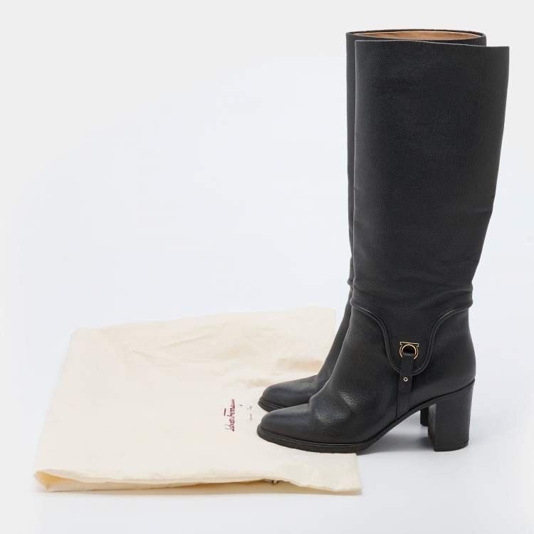 Pre Owned Salvatore Ferragamo Black Leather Knee Length Boots Size 39.5