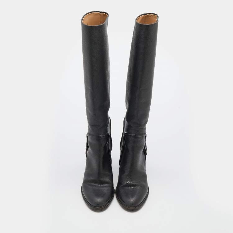 Pre Owned Salvatore Ferragamo Black Leather Knee Length Boots Size 39.5