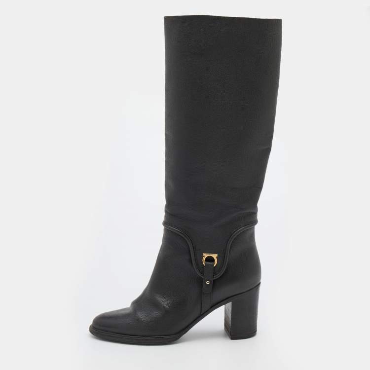 Pre Owned Salvatore Ferragamo Black Leather Knee Length Boots Size 39.5