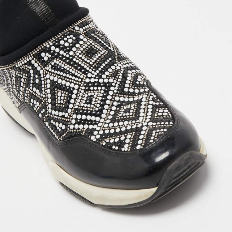 Pre Owned Salvatore Ferragamo Black Patent and Fabric Crystal Embellished Low Top Sneakers Size 38