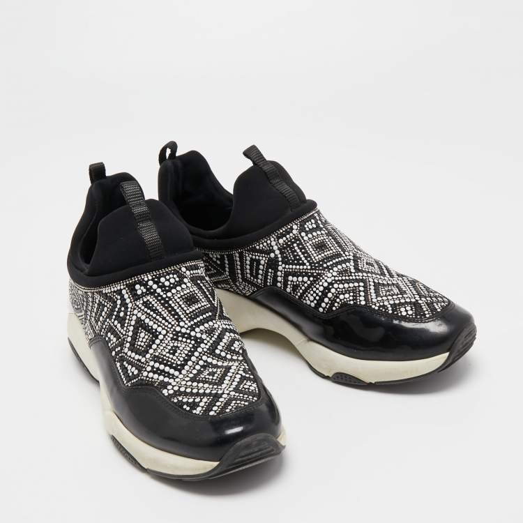 Pre Owned Salvatore Ferragamo Black Patent and Fabric Crystal Embellished Low Top Sneakers Size 38