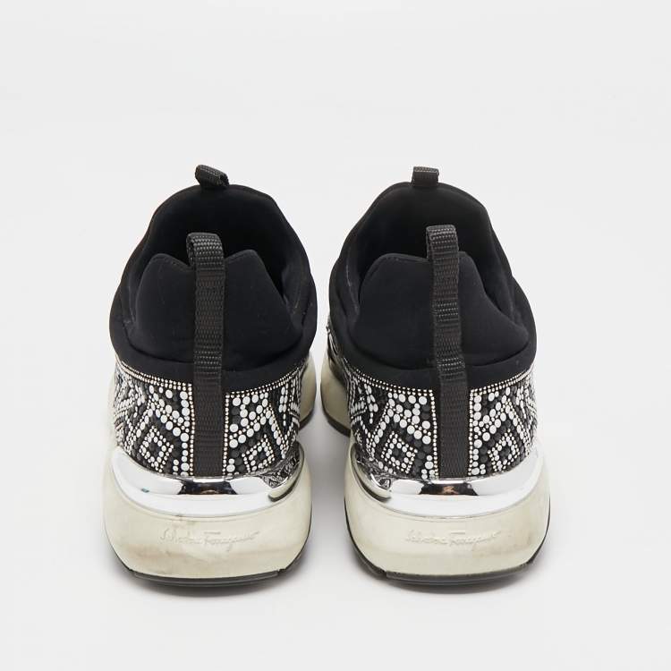 Pre Owned Salvatore Ferragamo Black Patent and Fabric Crystal Embellished Low Top Sneakers Size 38