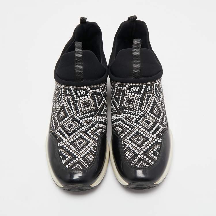 Pre Owned Salvatore Ferragamo Black Patent and Fabric Crystal Embellished Low Top Sneakers Size 38