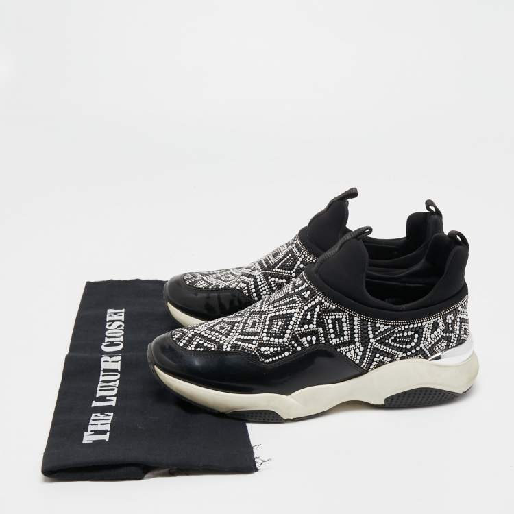 Pre Owned Salvatore Ferragamo Black Patent and Fabric Crystal Embellished Low Top Sneakers Size 38