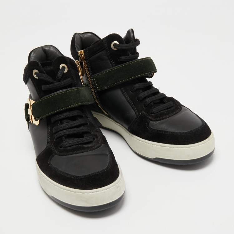 مملوكة مسبقًا Salvatore Ferragamo Black Leather  and Suede Nayon Gancio High Top Sneakers Size 37.5