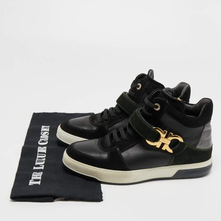 مملوكة مسبقًا Salvatore Ferragamo Black Leather  and Suede Nayon Gancio High Top Sneakers Size 37.5