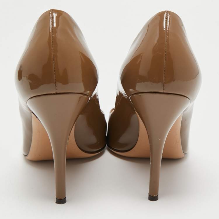 Pre Owned Salvatore Ferragamo Brown Patent Leather Peep Toe Pumps Size 41