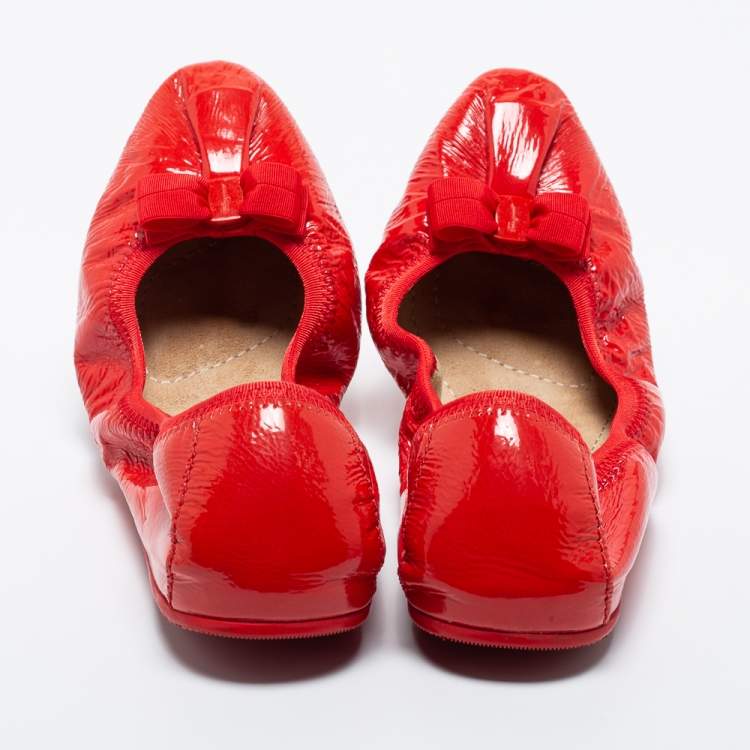 Pre Owned Salvatore Ferragamo Coral Red Patent Leather My Joy Scrunch Ballet Flats Size 40.5