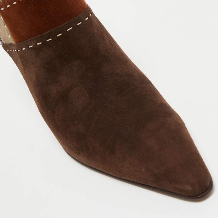 Pre Owned Salvatore Ferragamo Brown Suede and Leather Pointed Toe Ankle Booties Size 40
