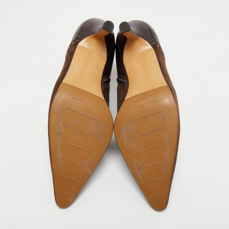 Pre Owned Salvatore Ferragamo Brown Suede and Leather Pointed Toe Ankle Booties Size 40