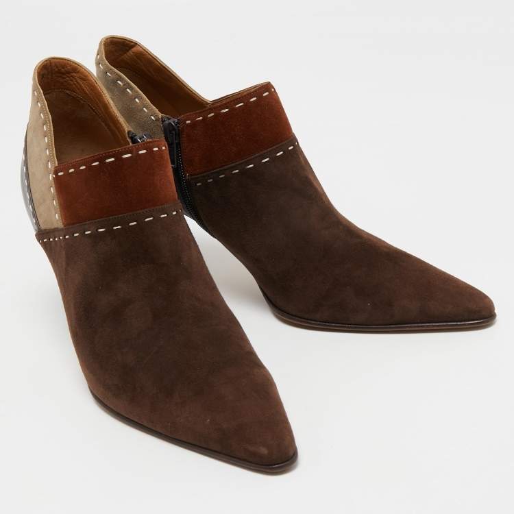 Pre Owned Salvatore Ferragamo Brown Suede and Leather Pointed Toe Ankle Booties Size 40