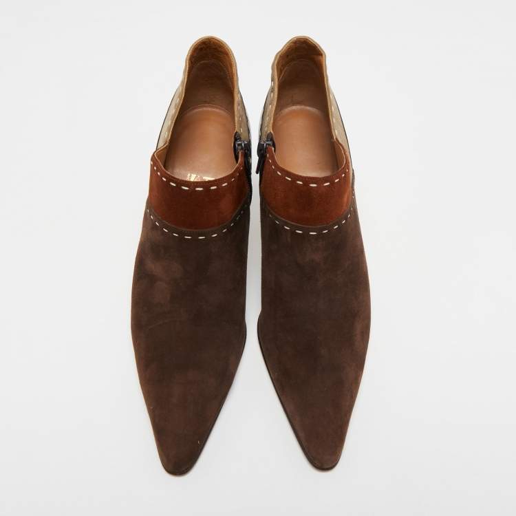 Pre Owned Salvatore Ferragamo Brown Suede and Leather Pointed Toe Ankle Booties Size 40