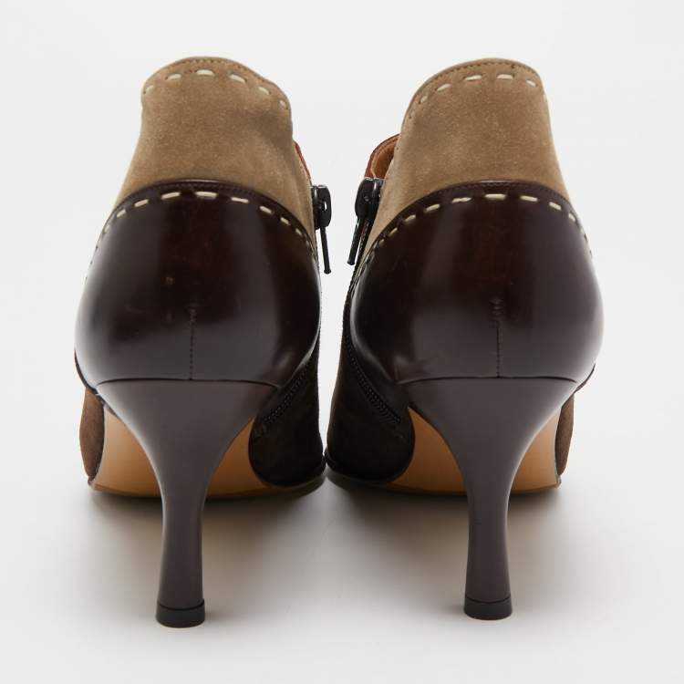 Pre Owned Salvatore Ferragamo Brown Suede and Leather Pointed Toe Ankle Booties Size 40