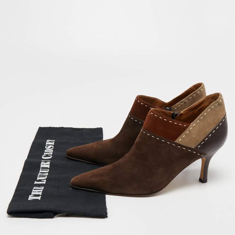 Pre Owned Salvatore Ferragamo Brown Suede and Leather Pointed Toe Ankle Booties Size 40