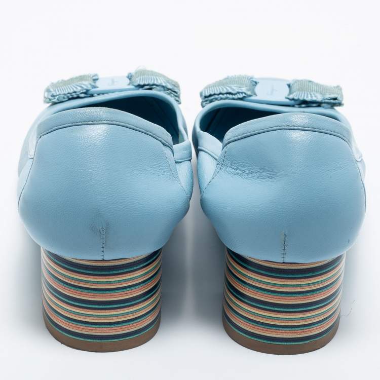 Pre Owned Salvatore Ferragamo Blue Leather Vara Bow Pumps Size 39.5
