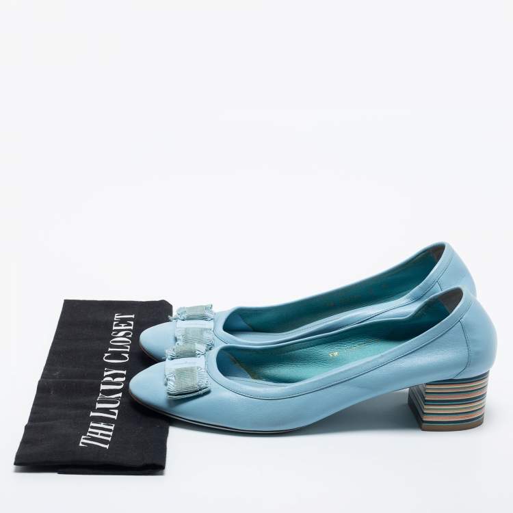 Pre Owned Salvatore Ferragamo Blue Leather Vara Bow Pumps Size 39.5