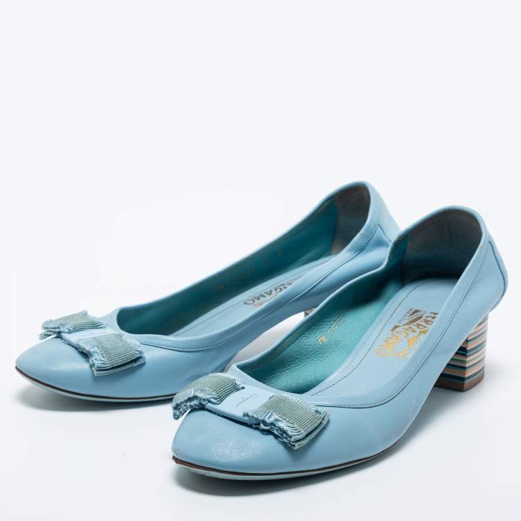 Pre Owned Salvatore Ferragamo Blue Leather Vara Bow Pumps Size 39.5