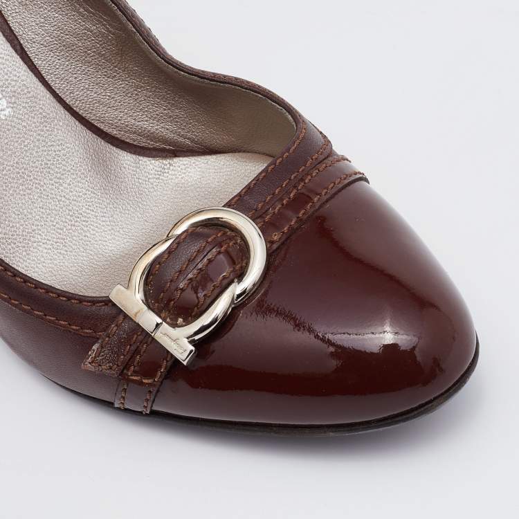 Pre Owned Salvatore Ferragamo Brown Patent and Leather Nostra Pumps Size 37.5