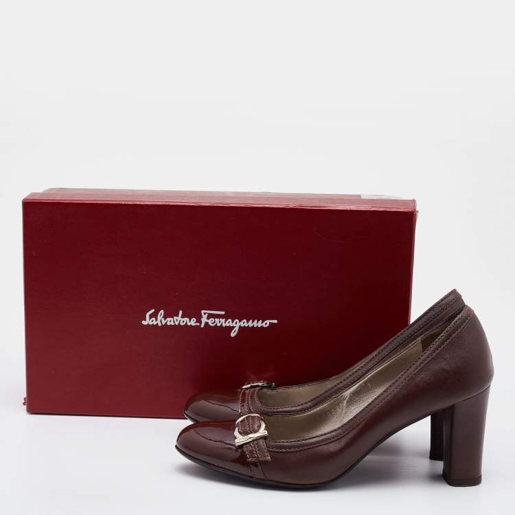 Pre Owned Salvatore Ferragamo Brown Patent and Leather Nostra Pumps Size 37.5