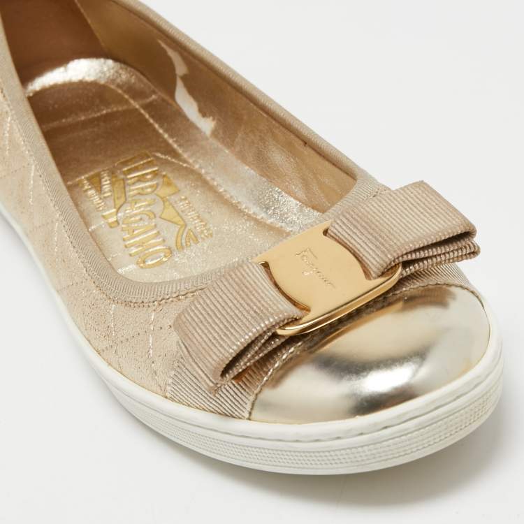 Pre Owned Salvatore Ferragamo Gold Leather Varina Quilted Ballet Flats Size 36.5