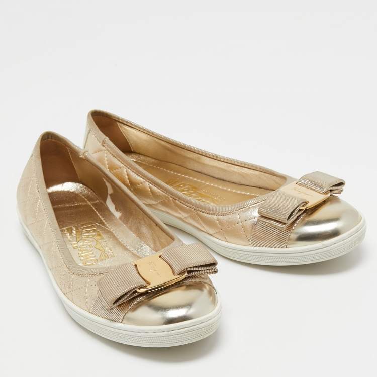 Pre Owned Salvatore Ferragamo Gold Leather Varina Quilted Ballet Flats Size 36.5