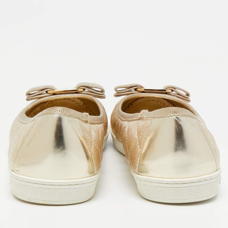 Pre Owned Salvatore Ferragamo Gold Leather Varina Quilted Ballet Flats Size 36.5